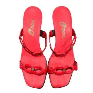 Onex Red Leather Link Slide Sandals Kitten Heels with Gold Accents  Size US 8
